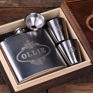 Personalized 5 oz Steel Metal Whiskey Flask 2 Steel Metal Glasses and Wood Box - Flask Gift Sets