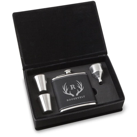 Image of Personalized 6 oz BlackSilver Flask Gift Set for Groomsmen - Antler - Flasks