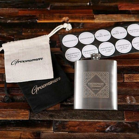 Image of Personalized 7 oz Stainless Steel Flask & Holding Pouch Set - Assorted - Groomsmen