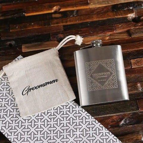 Image of Personalized 7 oz Stainless Steel Flask & Holding Pouch Set - Assorted - Groomsmen