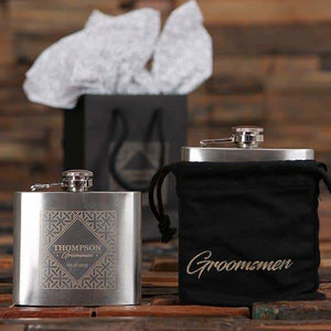 Personalized 8 oz Stainless Steel Flask & Holding Pouch Set - Assorted - Groomsmen