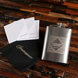 Personalized 8 oz Stainless Steel Flask & Holding Pouch Set - Assorted - Groomsmen