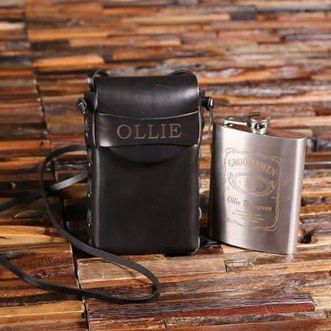 Image of Personalized 8oz Metal Flask with Engraved Leather Carrying Pouch_Black - Flask Gift Sets