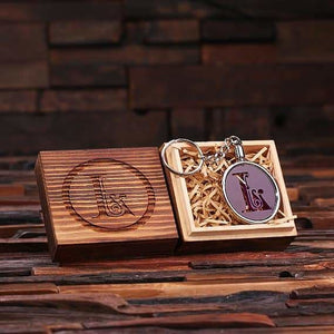 Personalized Acrylic Monogram Key Chain with Wood Box - Key Chains & Gift Box