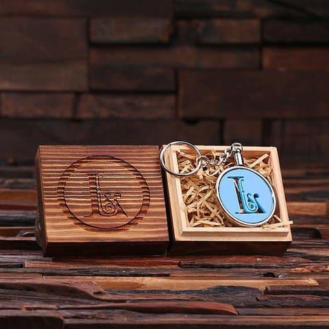 Image of Personalized Acrylic Monogram Key Chain with Wood Box - Key Chains & Gift Box