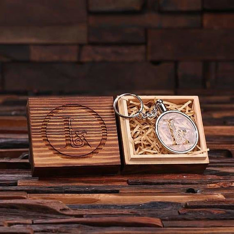 Image of Personalized Acrylic Monogram Key Chain with Wood Box - Key Chains & Gift Box
