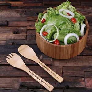 Personalized Bamboo Salad Utensils & Bowl - Serving - Trays Bowls Etc.