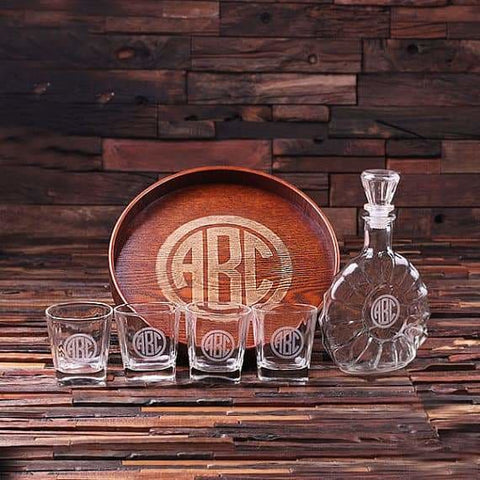 Image of Personalized Bar Tray Set Grand Tray Set with 4 Whiskey Glasses - Drinkware - Whiskey Gifts