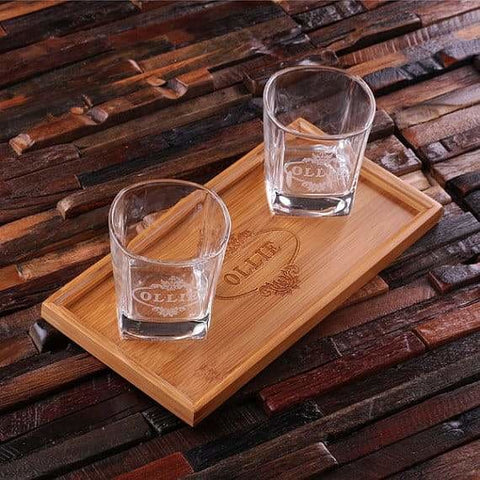 Image of Personalized Bar Tray Set with Decanter & 2 Whiskey Glasses - Drinkware - Whiskey Gifts