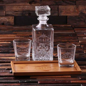 Personalized Bar Tray Set with Decanter & 2 Whiskey Glasses - Drinkware - Whiskey Gifts