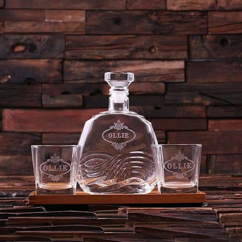 Image of Personalized Bar Tray Set with Decanter & 2 Whiskey Glasses - Drinkware - Whiskey Gifts