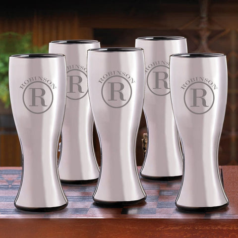 Image of Personalized Beer Glasses - Pilsner - Set of 5 - Groomsmen - Gunmetal - Circle - Barware