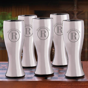 Personalized Beer Glasses - Pilsner - Set of 5 - Groomsmen - Gunmetal - Circle - Barware