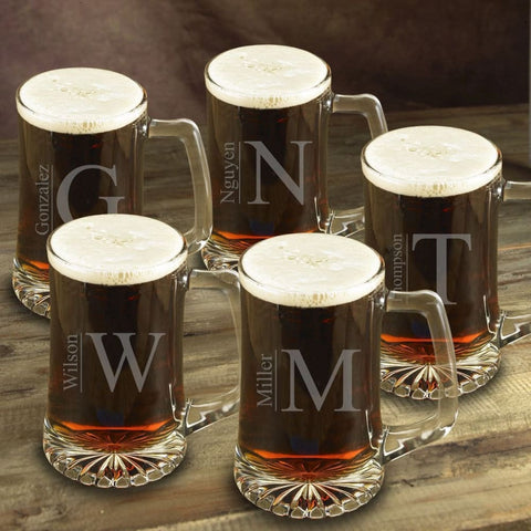 Image of Personalized Beer Mugs - Set of 5 - Groomsmen - Monogram - 25 oz. - Modern - Barware