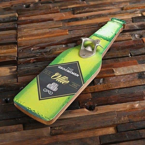 Image of Personalized Beer Opener Wall Hang with 4 Wood Coasters and 24 oz Pilsner Beer Glass Green Beer Label - All Products