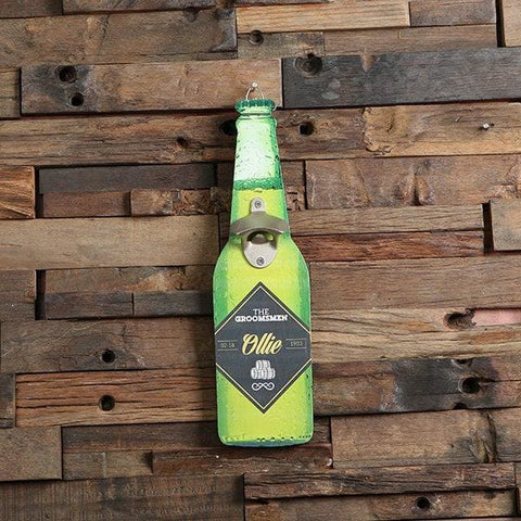 Image of Personalized Beer Opener Wall Hang with 4 Wood Coasters and 24 oz Pilsner Beer Glass Green Beer Label - All Products