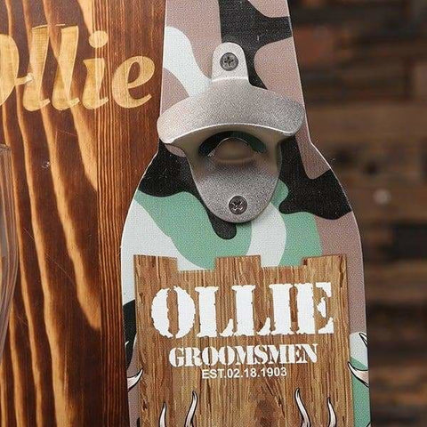 Image of Personalized Beer Opener Wall Hang with 4 Wood Coasters and 24 oz Pilsner Beer Glass Hunter - All Products