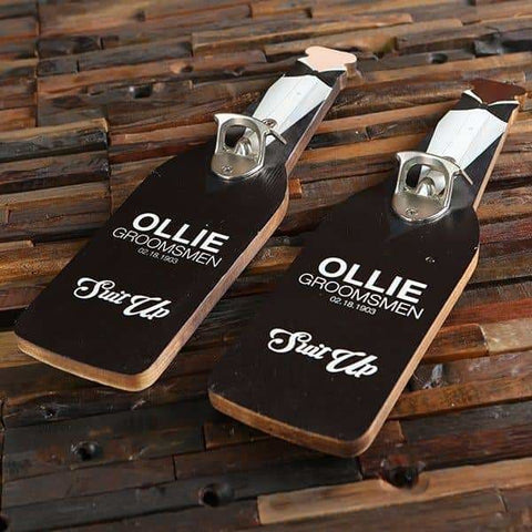 Image of Personalized Beer Opener Wall Hang with 4 Wood Coasters and 24 oz Pilsner Beer Glass Suit Up - All Products