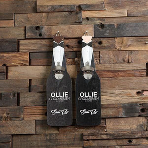 Personalized Beer Opener Wall Hang with 4 Wood Coasters and 24 oz Pilsner Beer Glass Suit Up - All Products