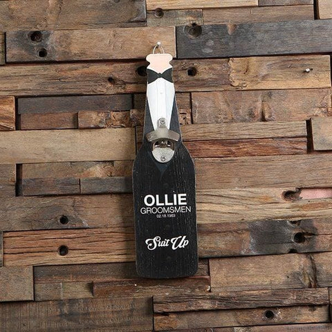 Image of Personalized Beer Opener Wall Hang with 4 Wood Coasters and 24 oz Pilsner Beer Glass Suit Up - All Products