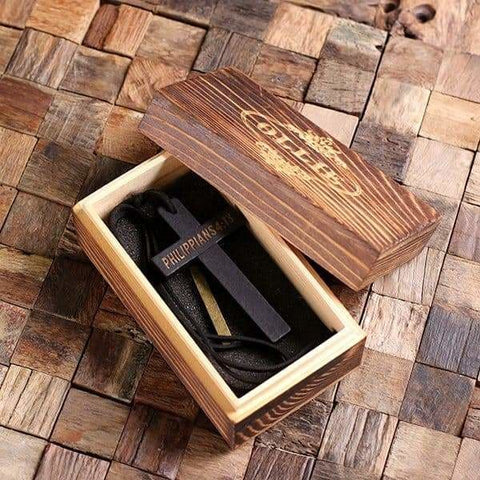 Image of Personalized Black Wood Cross with Brass Cross and Box - Religious Gifts