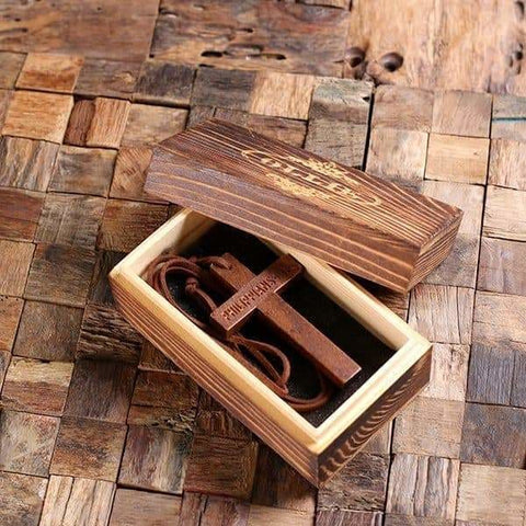 Image of Personalized Brown Wood Cross with Brass Cross and Box - Religious Gifts