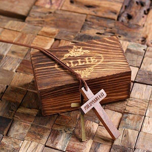 Personalized Brown Wood Cross with Brass Cross and Box - Religious Gifts