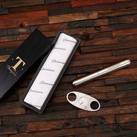 Image of Personalized Cigar Cutter & Cigar Holder Groomsmen Gift Set - Assorted - Groomsmen