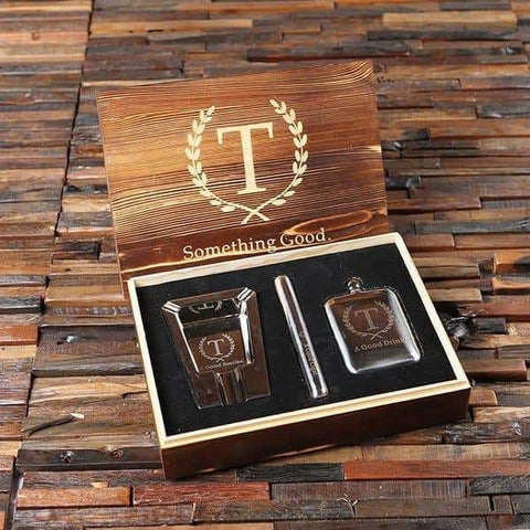 Image of Personalized Cigar Holder Stainless Steel Cigar and Cigarette Ashtray and Flask - Flask Gift Sets