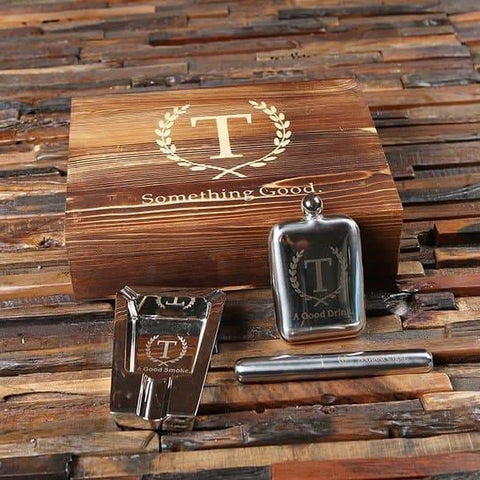 Image of Personalized Cigar Holder Stainless Steel Cigar and Cigarette Ashtray and Flask - Flask Gift Sets