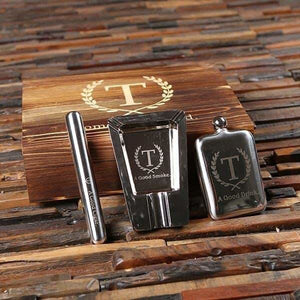 Personalized Cigar Holder Stainless Steel Cigar and Cigarette Ashtray and Flask - Flask Gift Sets