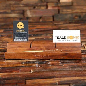 Personalized Corporate Wood Business Card & Tablet Holder - Desktop Stationery