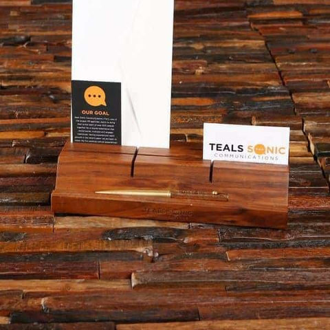 Image of Personalized Corporate Wood Business Card & Tablet Holder - Desktop Stationery