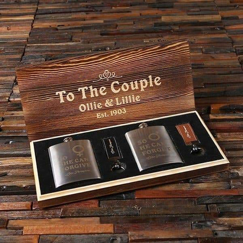 Image of Personalized Couples Gift with Key Ring and Whiskey Flask in a Wood Gift Box - Flask Gift Sets
