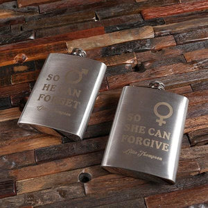 Personalized Couples Gift with Key Ring and Whiskey Flask in a Wood Gift Box - Flask Gift Sets