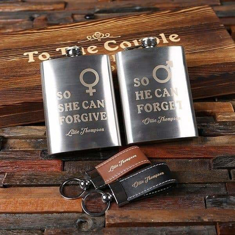 Image of Personalized Couples Gift with Key Ring and Whiskey Flask in a Wood Gift Box - Flask Gift Sets