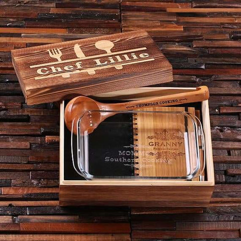 Image of Personalized Culinary Gift Set w/Keepsake Box Ladle Recipe Journal 1L Baking Dish - Journal Gift Sets