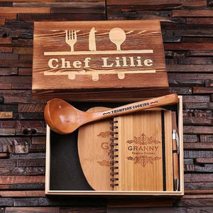 Personalized Culinary Gift Set w/Keepsake Box Ladle Recipe Journal Cutting Board - Serving - Chopping Boards