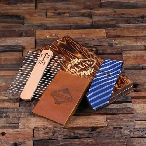 Image of Personalized Dark Blue Striped Tie Tie Clip Rack Leather Journal Boyfriend Gift Mens Gift Groomsmen Gift Mens Christmas Gift - Tie Gift Sets