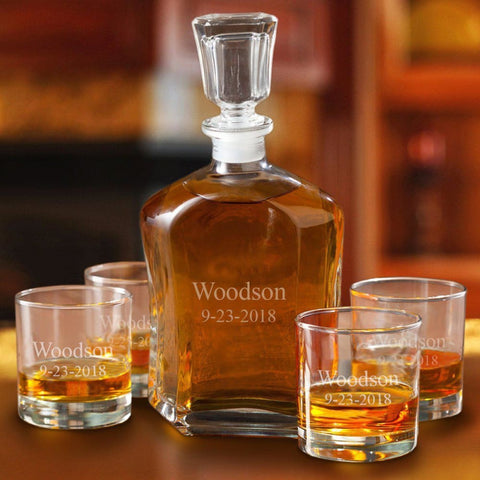 Image of Personalized Decanter set with 4 Low Ball Glasses - 2Lines - Personalized Barware