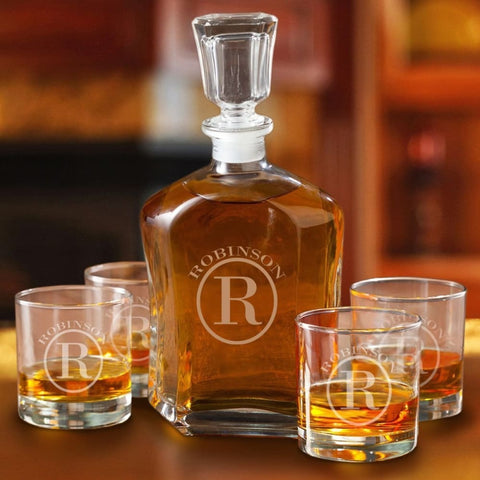 Image of Personalized Decanter set with 4 Low Ball Glasses - Circle - Personalized Barware