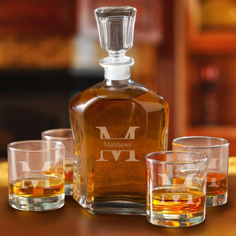 Image of Personalized Decanter set with 4 Low Ball Glasses - Stamped - Personalized Barware