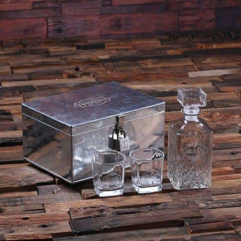 Image of Personalized Decanter Whiskey Glasses and Steel box with Lock - Decanter - Whiskey Sets