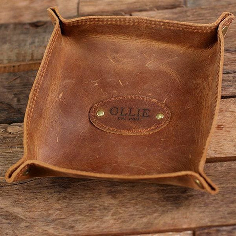 Image of Personalized Engraved Collapsible Leather Valet Tray Coin Dish Holder Tray with Box - Assorted - Mens Gifts