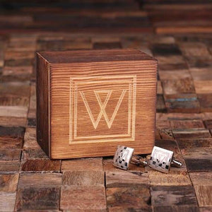 Personalized Engraved Cuff Links Checkered Monogram with Wood Box - Cuff Links & Gift Box