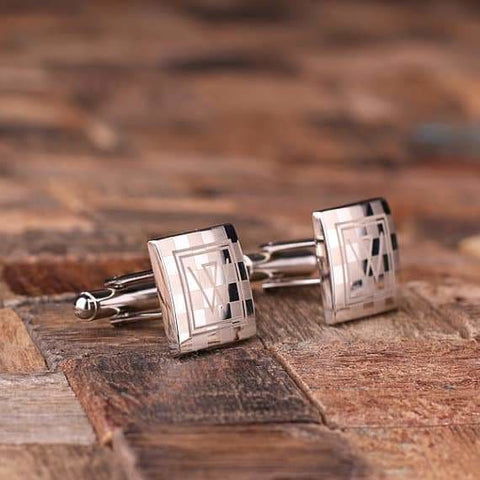 Image of Personalized Engraved Cuff Links Checkered Monogram with Wood Box - Cuff Links & Gift Box