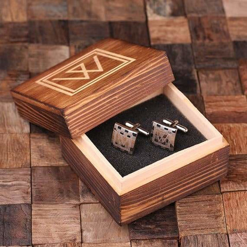 Image of Personalized Engraved Cuff Links Checkered Monogram with Wood Box - Cuff Links & Gift Box