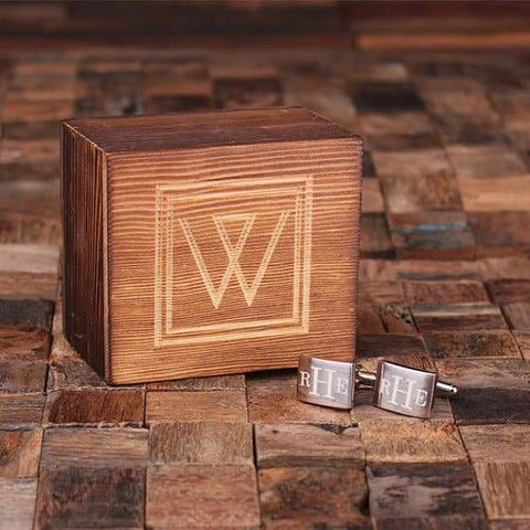 Image of Personalized Engraved Cuff Links Classic Monogram with Wood Box - Cuff Links & Gift Box