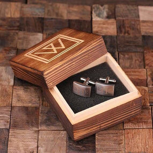 Personalized Engraved Cuff Links Classic Monogram with Wood Box - Cuff Links & Gift Box