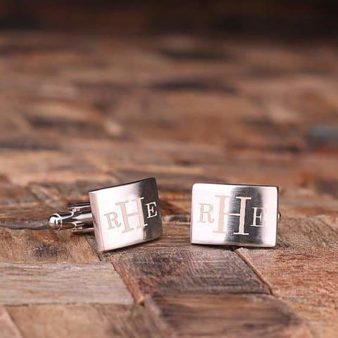 Image of Personalized Engraved Cuff Links Classic Monogram with Wood Box - Cuff Links & Gift Box